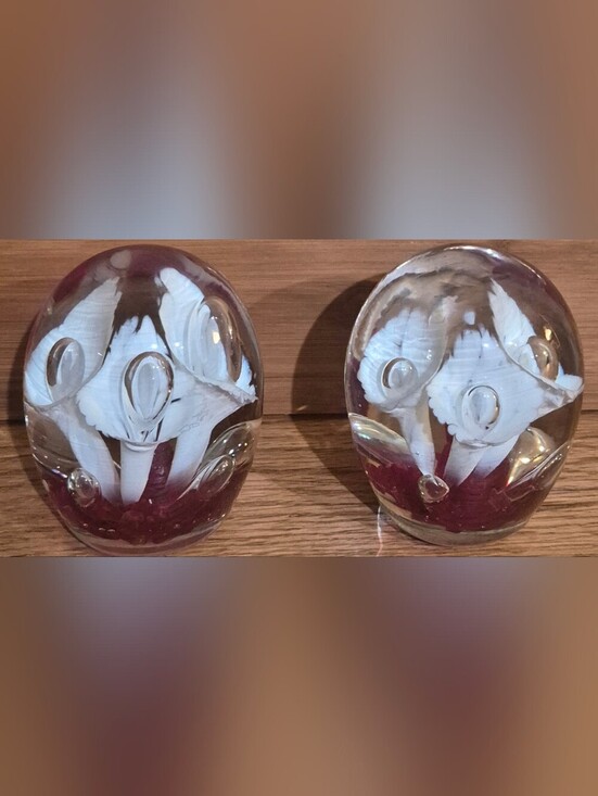 Other - 2 Art Glass Paperweights With White Trumpet Flowers On Red Controlled Bubbles